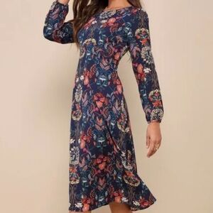 Lulu’s I.Madeline Garden Splendor Navy Blue Floral Print Long Sleeve Midi Dress